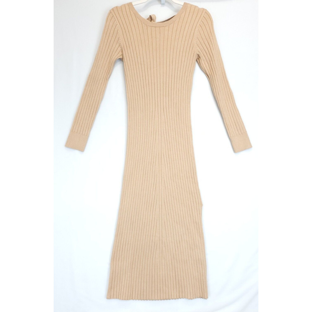 WAYF Dede X Emily Ribbed Sweater Dress Women XXS Tan Long‎ Sleeve Scoop Back